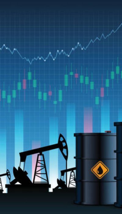 Oil pumps and fuel barrels. Financial charts and economic graphs. Vector illustration.